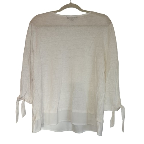 Sanctuary White 3/4 Tie Sleeve V-Neck Top 100% Linen Size L Chiffon Ruffle Hem - Picture 3 of 10